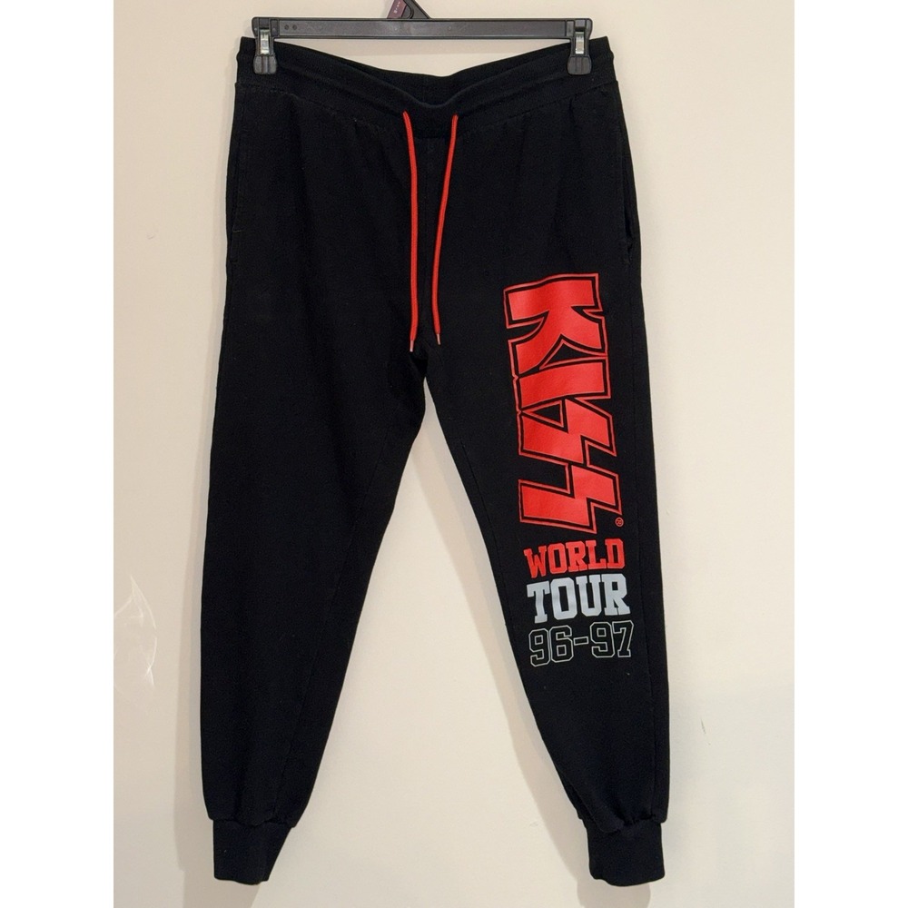 KISS Joggers Men's (L) Black World Tour 96-97 Graphic Band Sweatpants Rock Metal
